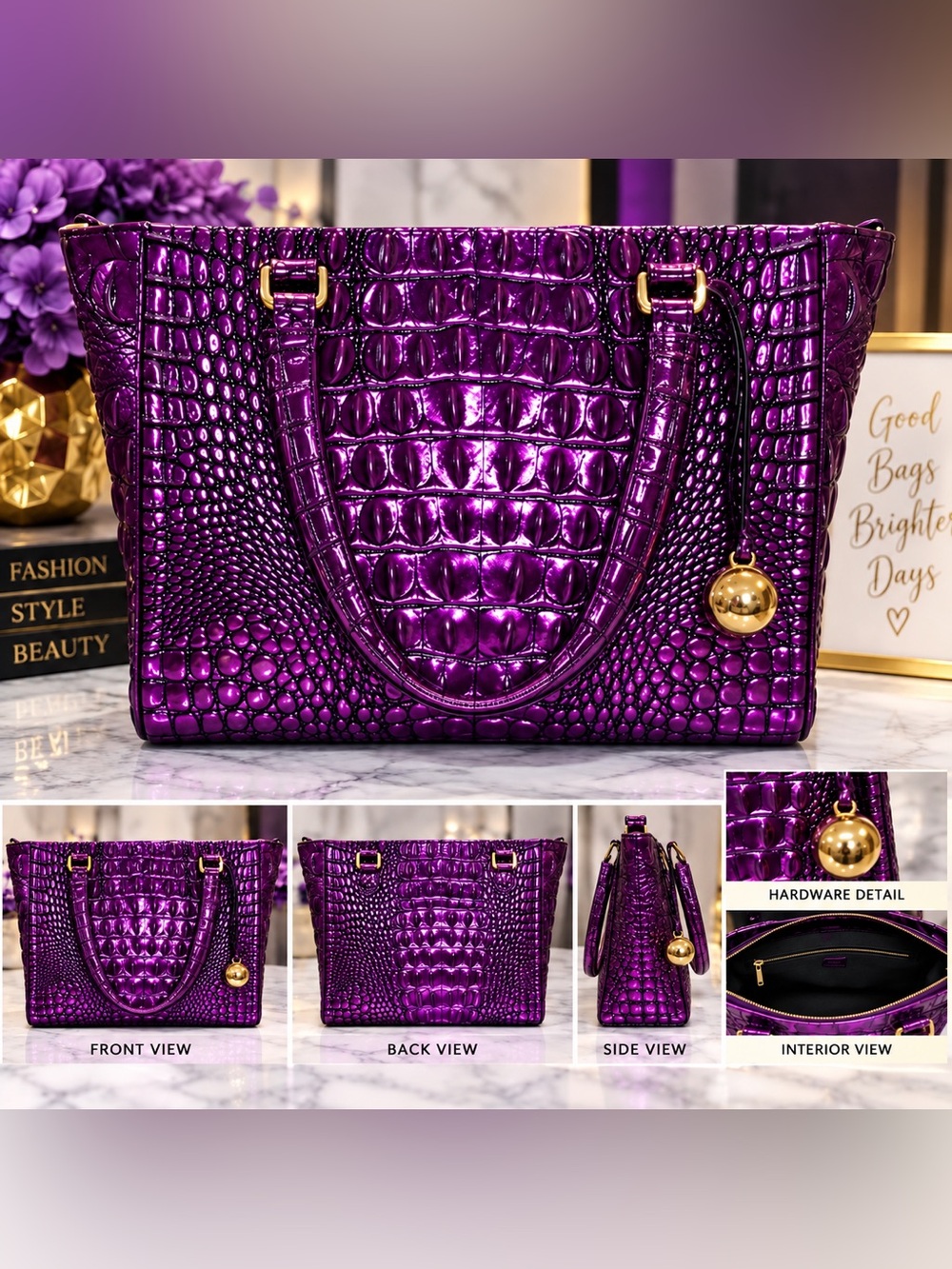 Brahmin Metallic Purple Croc-Embossed Satchel